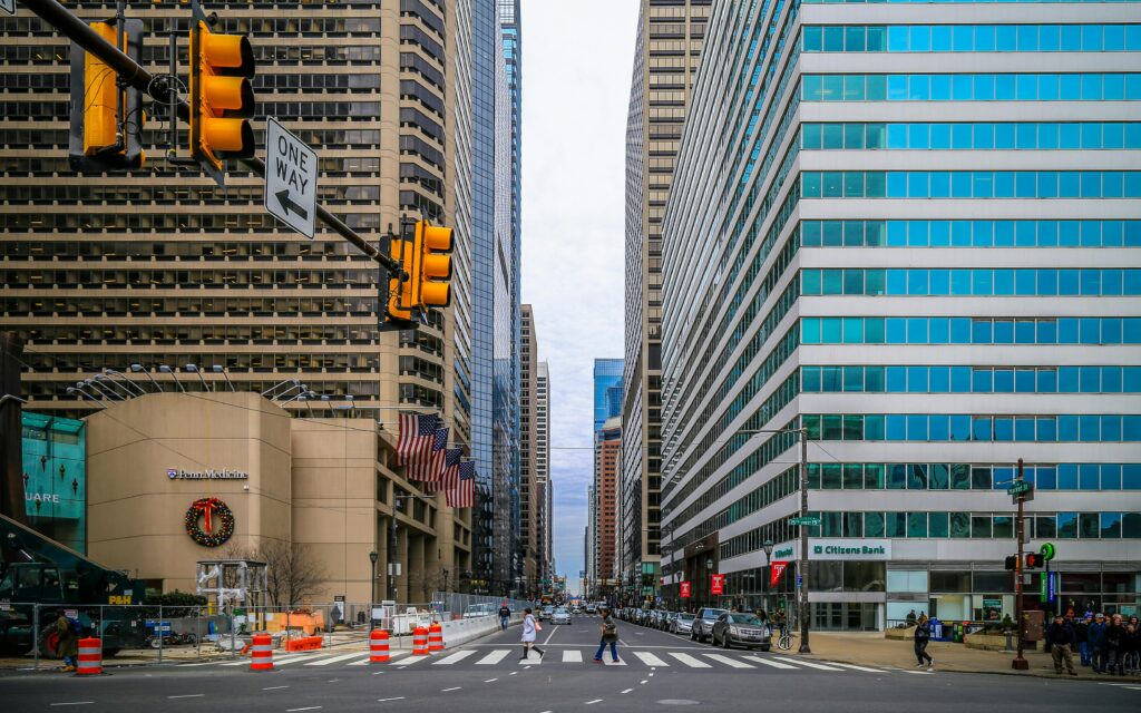 Vibrant cityscape of philadelphia showcasing iconic skyscrapers and bustling streets.